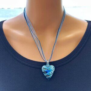 Art Glass Heart Pendant Blue Chord Ribbon Necklace Adjustable Length